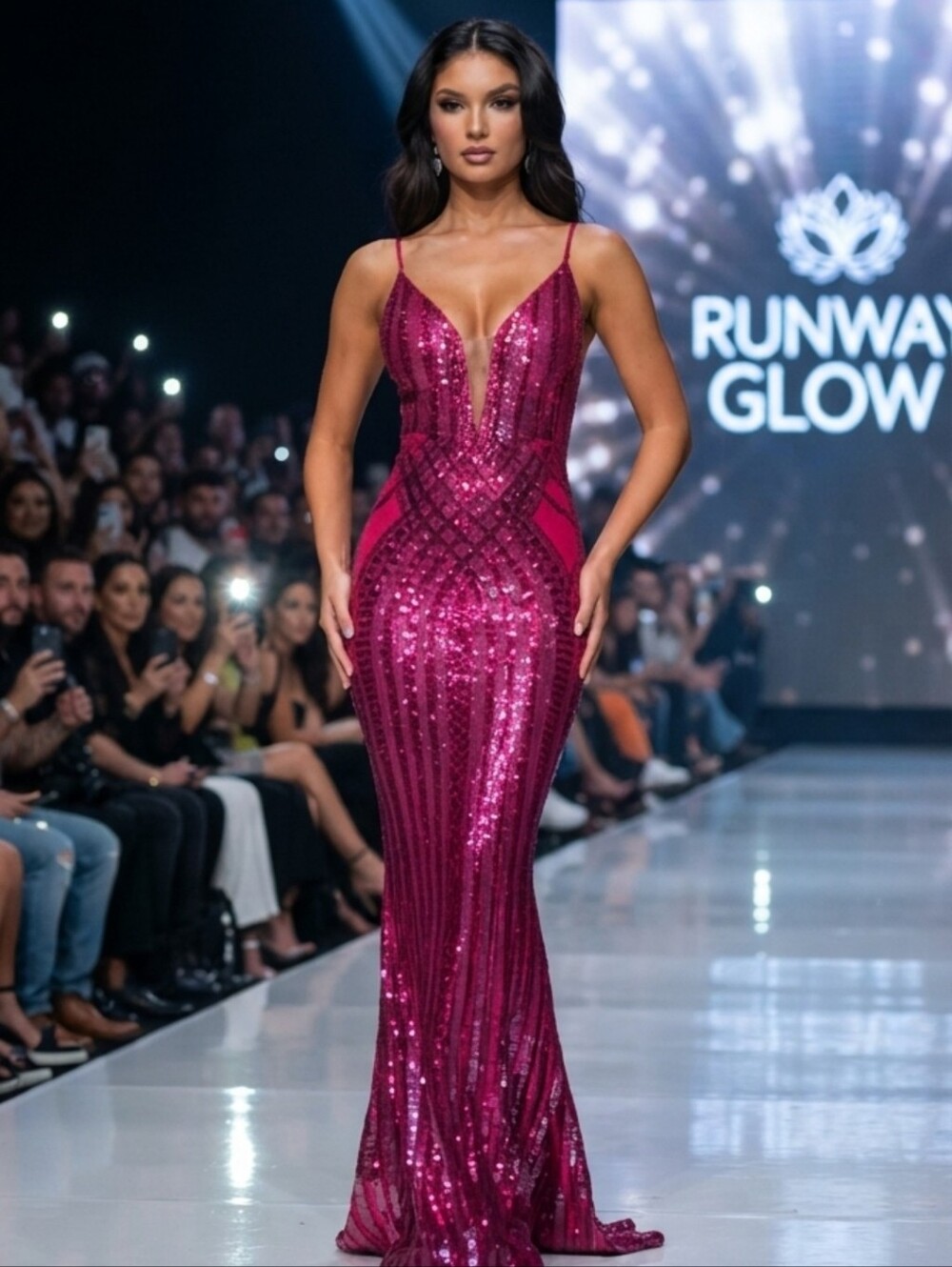 Fuchsia Sequin Mermaid Gown with Plunging V-Neck